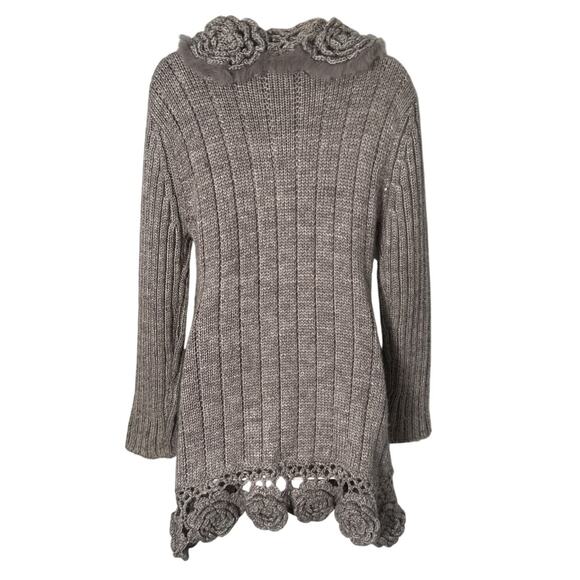 Vintage Taupe Gray Floral Faux Fur Trimmed Crochet Cardigan Toggle Closure XS/S - Picture 2 of 8